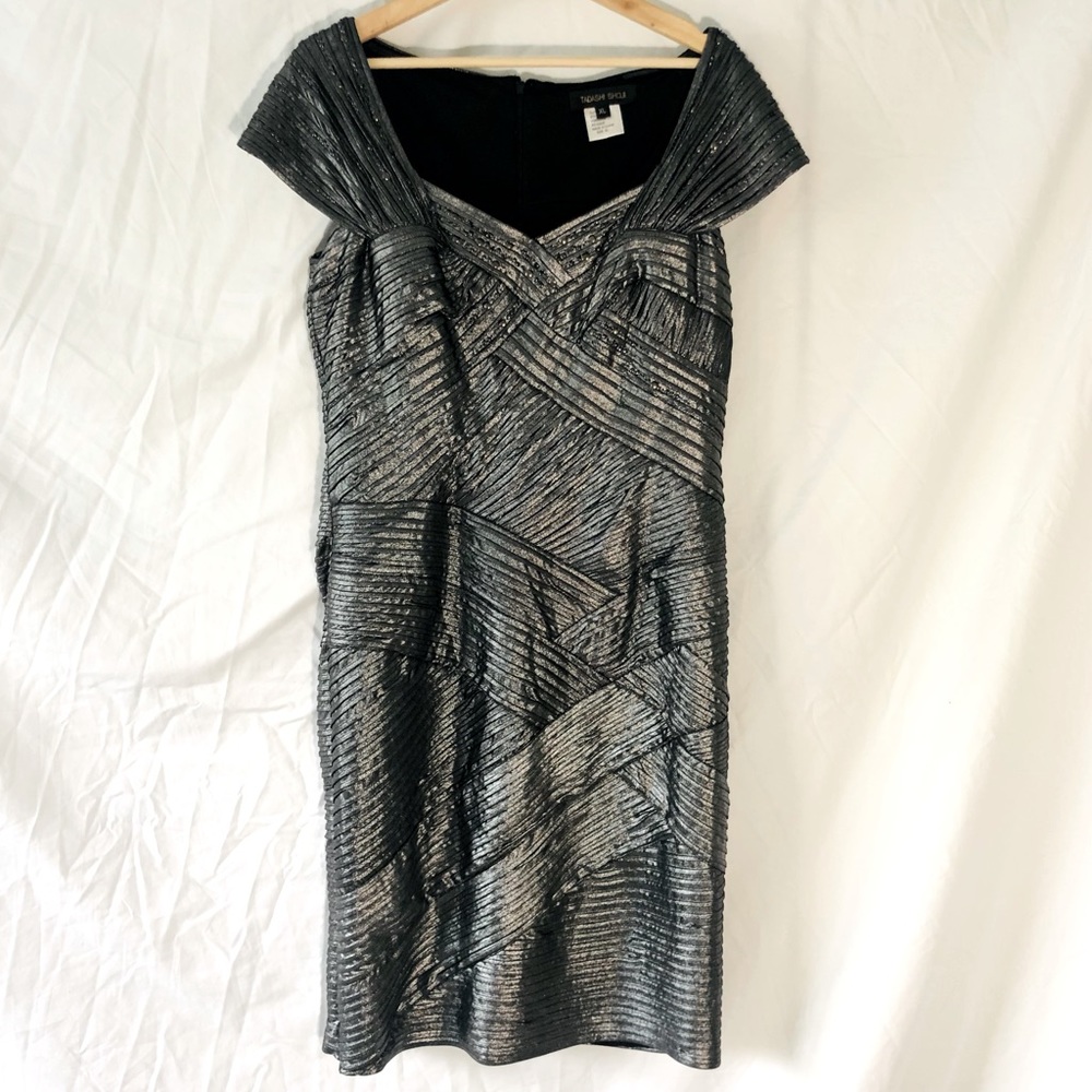 Tadashi Shoji Silver and Black Pleated Metallic Mini Dress